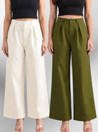 Cream & Mehndi-Cotton Wide Leg Pants Combo