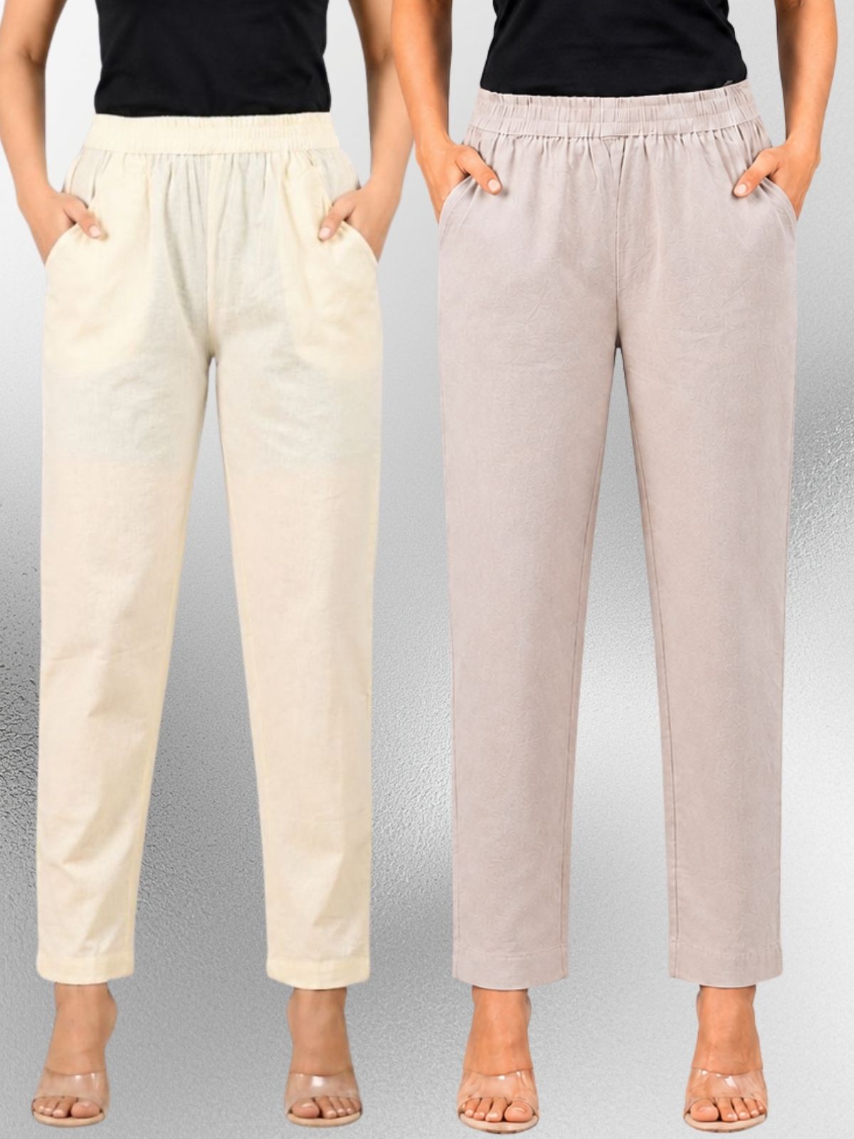 Cream & Melange Regular Fit Elastic Cotton Trouser Combo