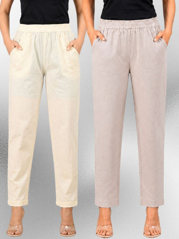 Cream & Melange Regular Fit Elastic Cotton Trouser Combo