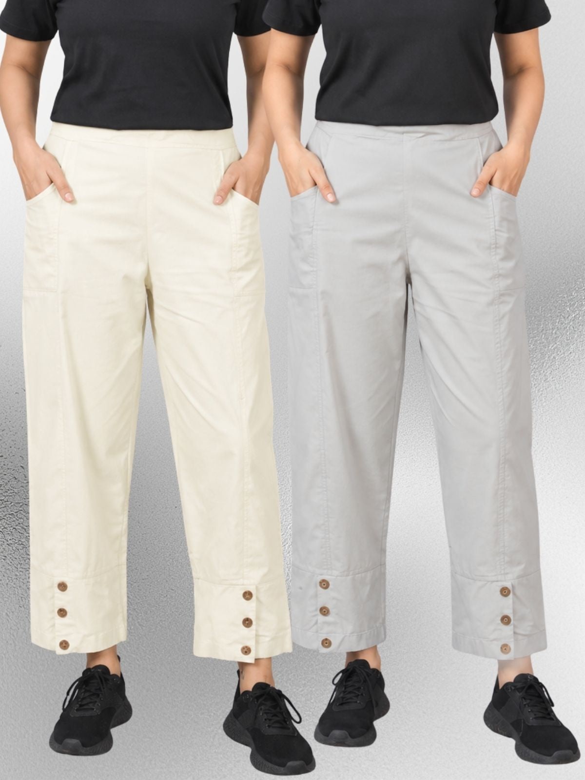 Cream & Melange Cotton Straight Cargo Pant Combo