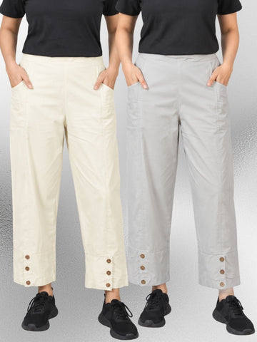 Cream & Melange Cotton Straight Cargo Pant Combo