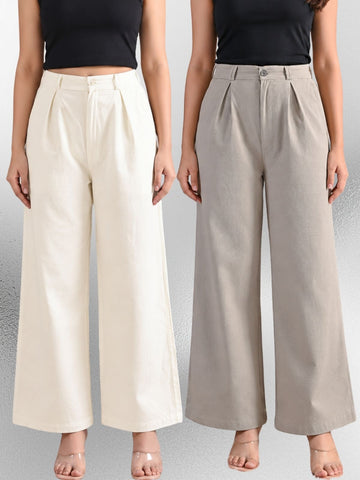 Cream & Melange-Cotton Wide Leg Pants Combo