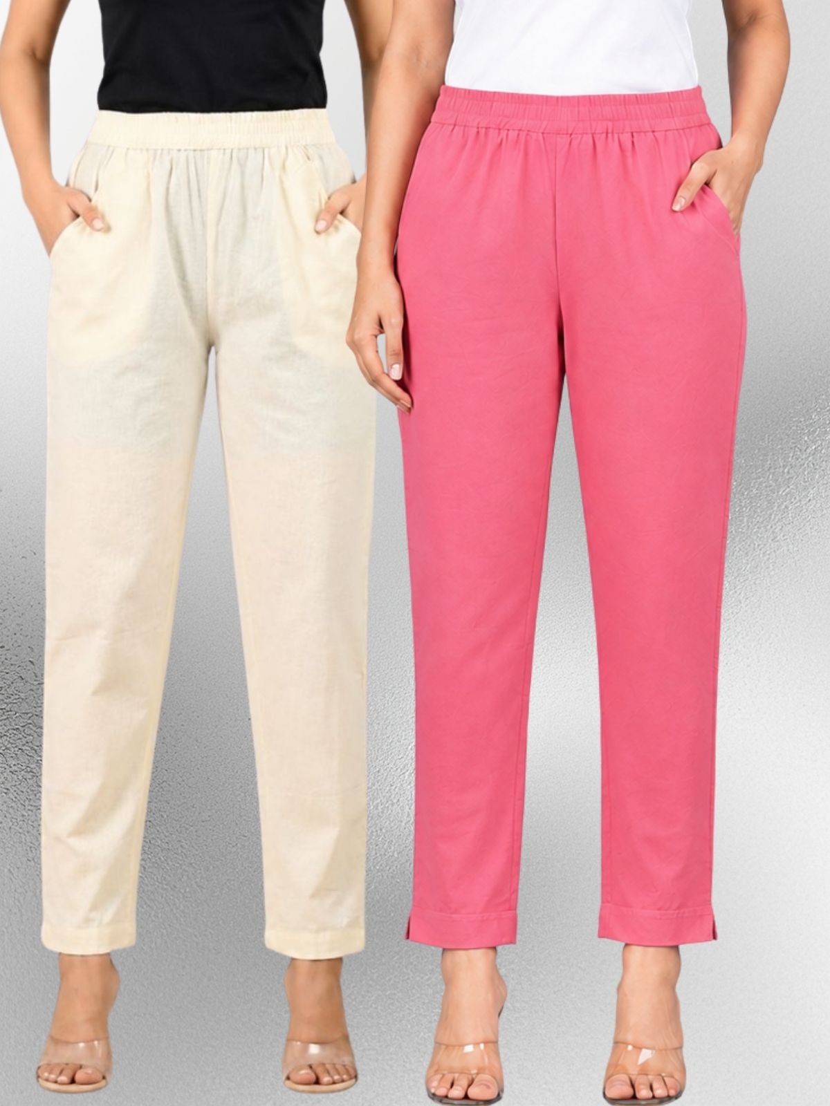 Cream & Mauvepink Regular Fit Elastic Cotton Trouser Combo