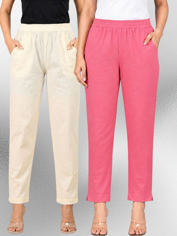 Cream & Mauvepink Regular Fit Elastic Cotton Trouser Combo
