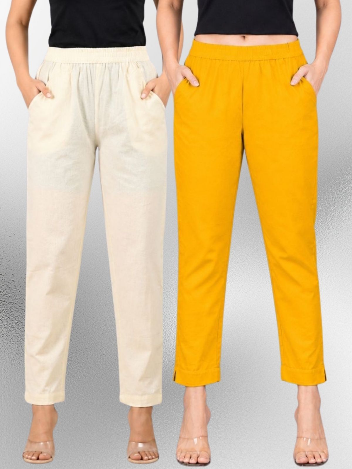 Cream & Mustard Regular Fit Elastic Cotton Trouser Combo
