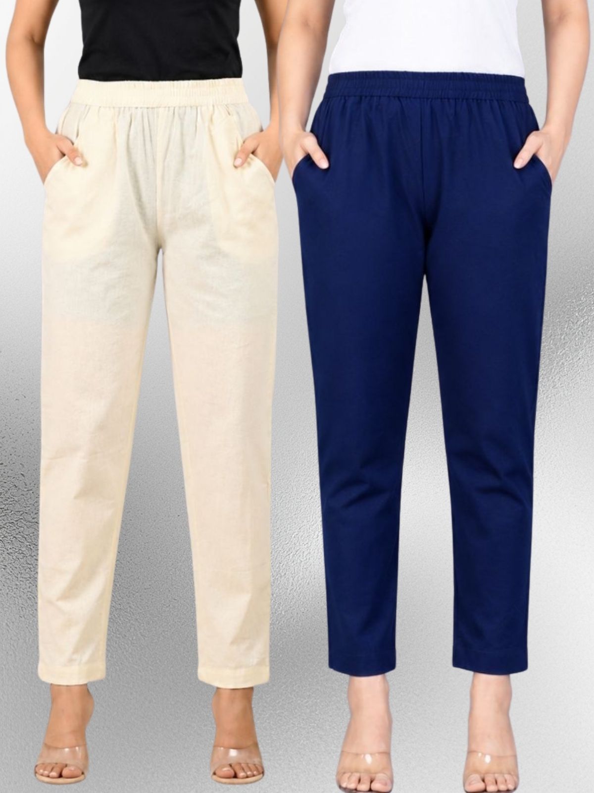 Cream & Navyblue Regular Fit Elastic Cotton Trouser Combo