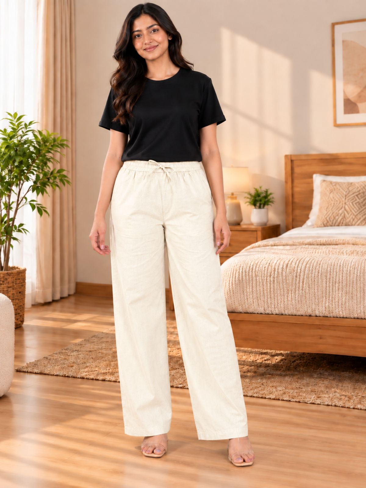 Cream Cotton Solid Payjama Pants