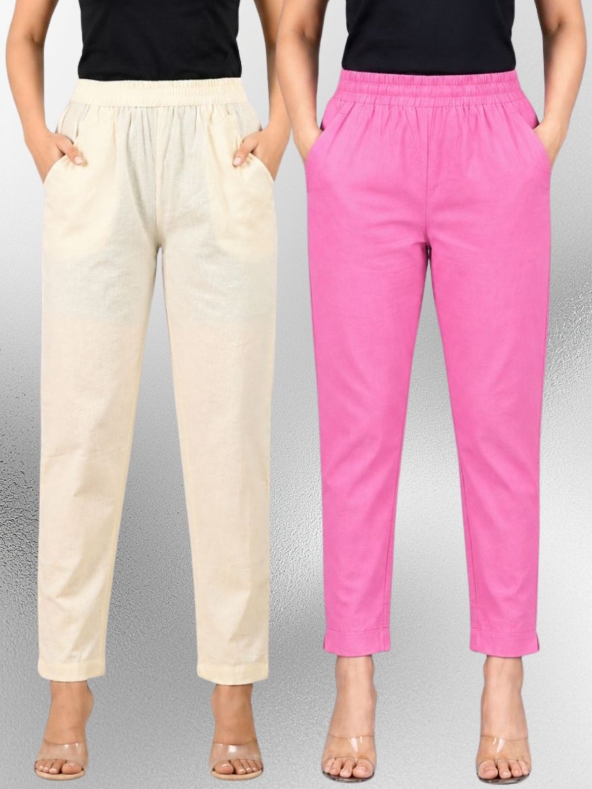 Cream & Pink Regular Fit Elastic Cotton Trouser Combo