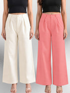 Cream & Pink-Cotton Wide Leg Pants Combo