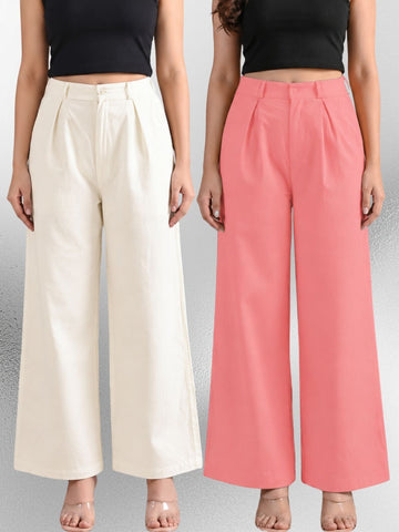 Cream & Pink-Cotton Wide Leg Pants Combo