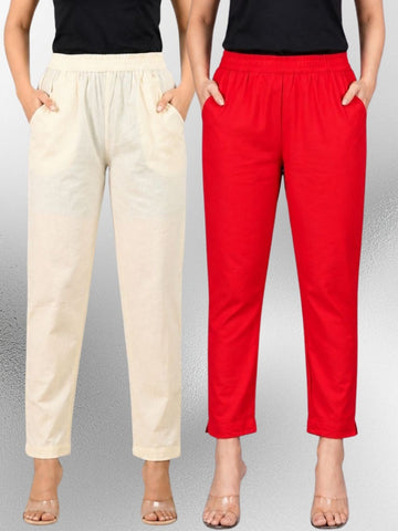 Cream & Red Regular Fit Elastic Cotton Trouser Combo