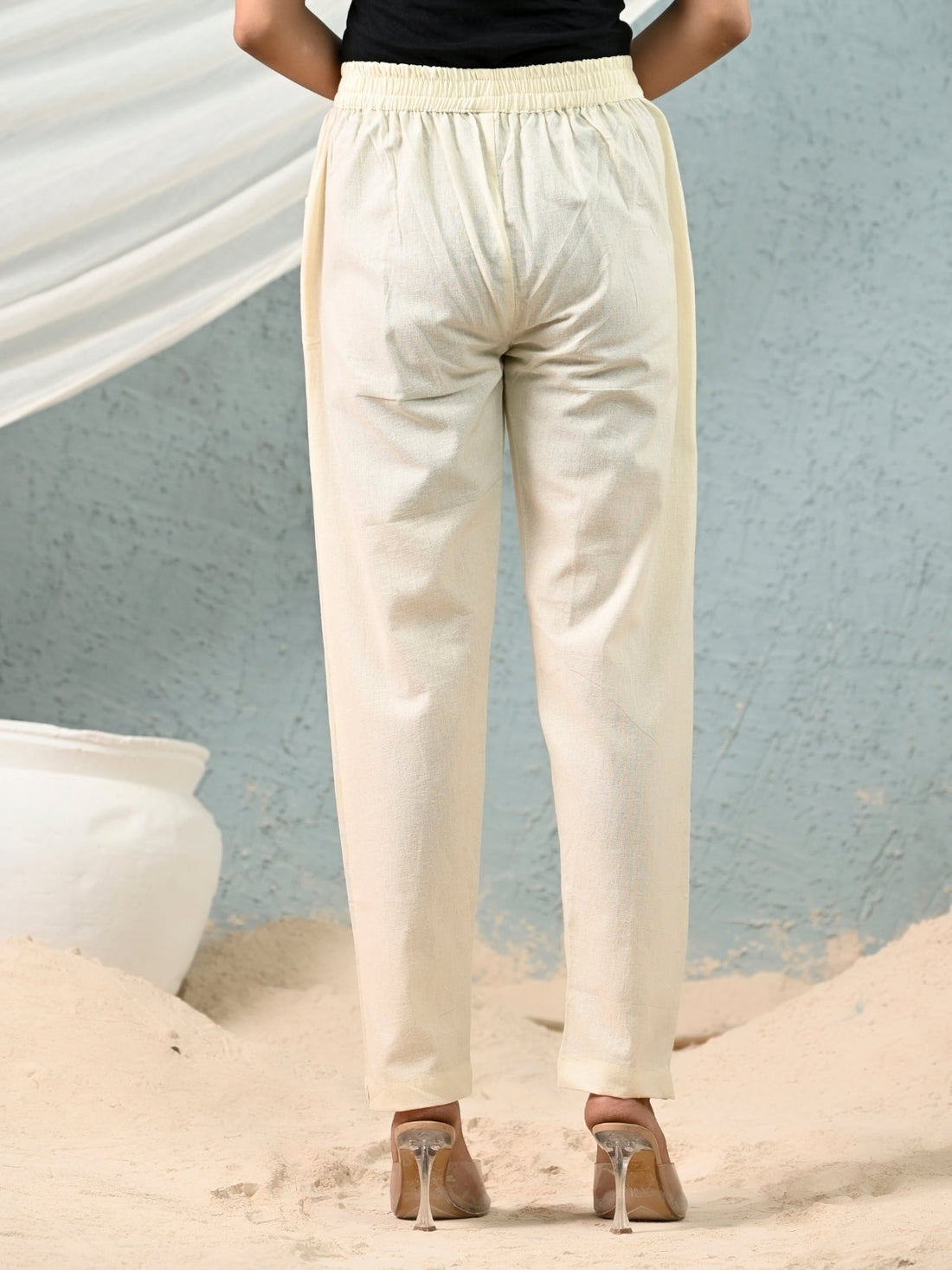 Cream Regular Fit Elastic Cotton Trouser