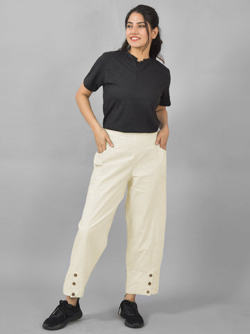 Cream Side Pocket Pure Cotton Straight Cargo Pant