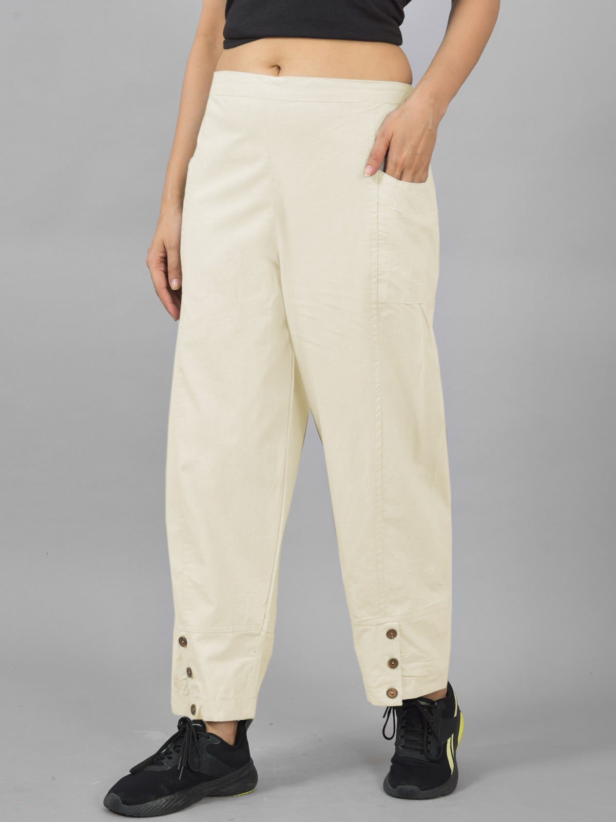Cream & White Cotton Straight Cargo Pant Combo