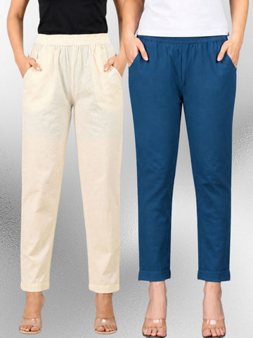 Cream & Tealblue Regular Fit Elastic Cotton Trouser Combo