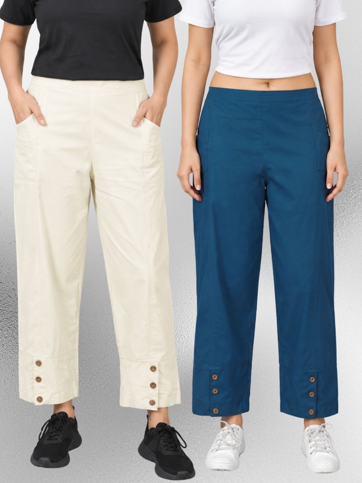 Cream & TealBlue Cotton Straight Cargo Pant Combo