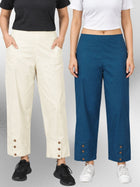 Cream & TealBlue Cotton Straight Cargo Pant Combo