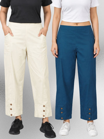 Cream & TealBlue Cotton Straight Cargo Pant Combo