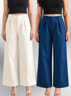 Cream & Tealblue-Cotton Wide Leg Pants Combo