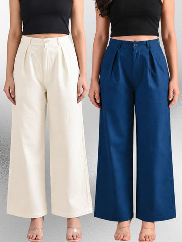 Cream & Tealblue-Cotton Wide Leg Pants Combo