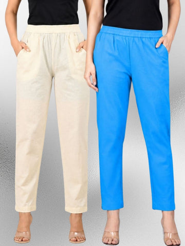 Cream & Turquoise Regular Fit Elastic Cotton Trouser Combo