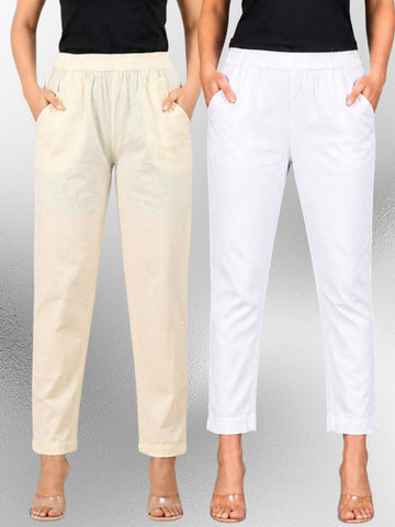 Cream & White Regular Fit Elastic Cotton Trouser Combo