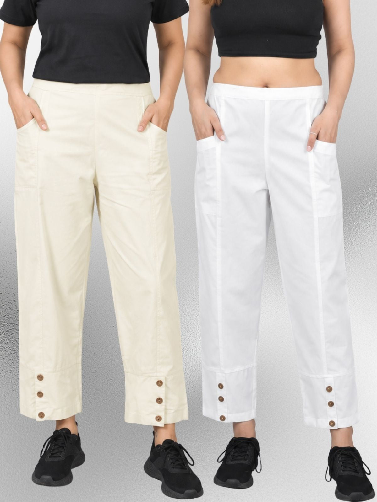 Cream & White Cotton Straight Cargo Pant Combo