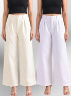 Cream & White-Cotton Wide Leg Pants Combo