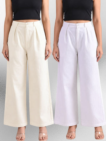 Cream & White-Cotton Wide Leg Pants Combo