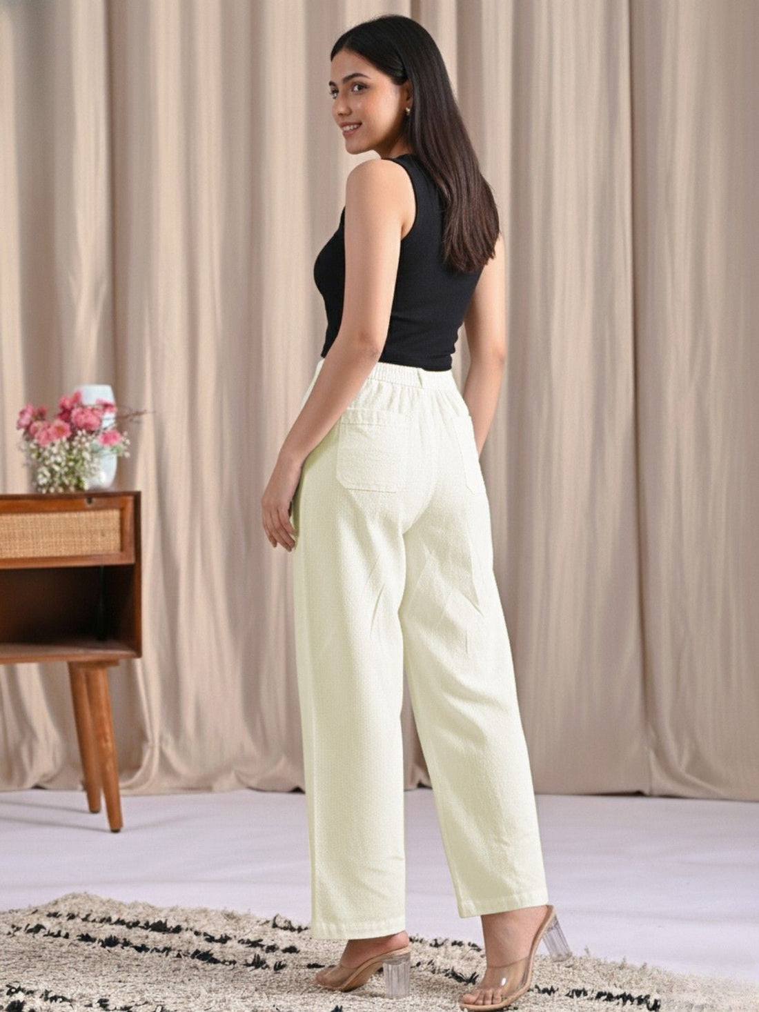 Cream Cotton Wide Leg Pants