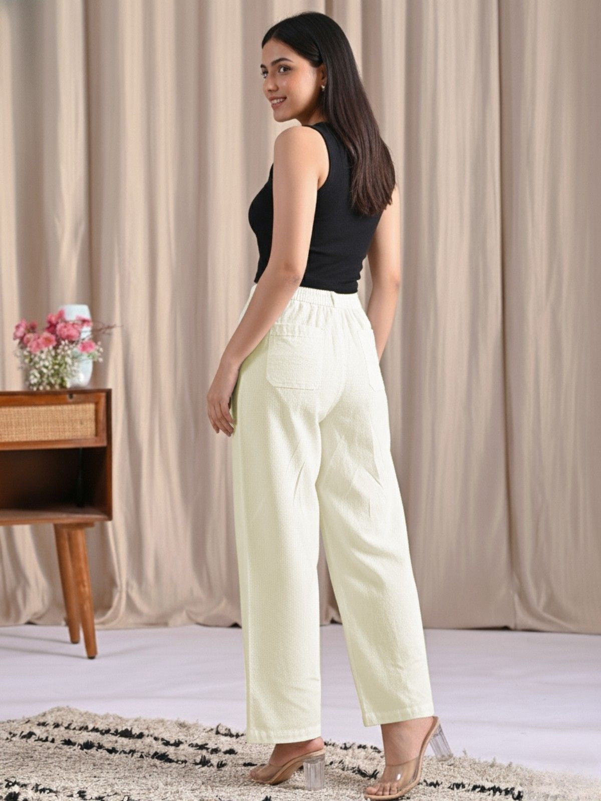 Cream Cotton Wide Leg Pants