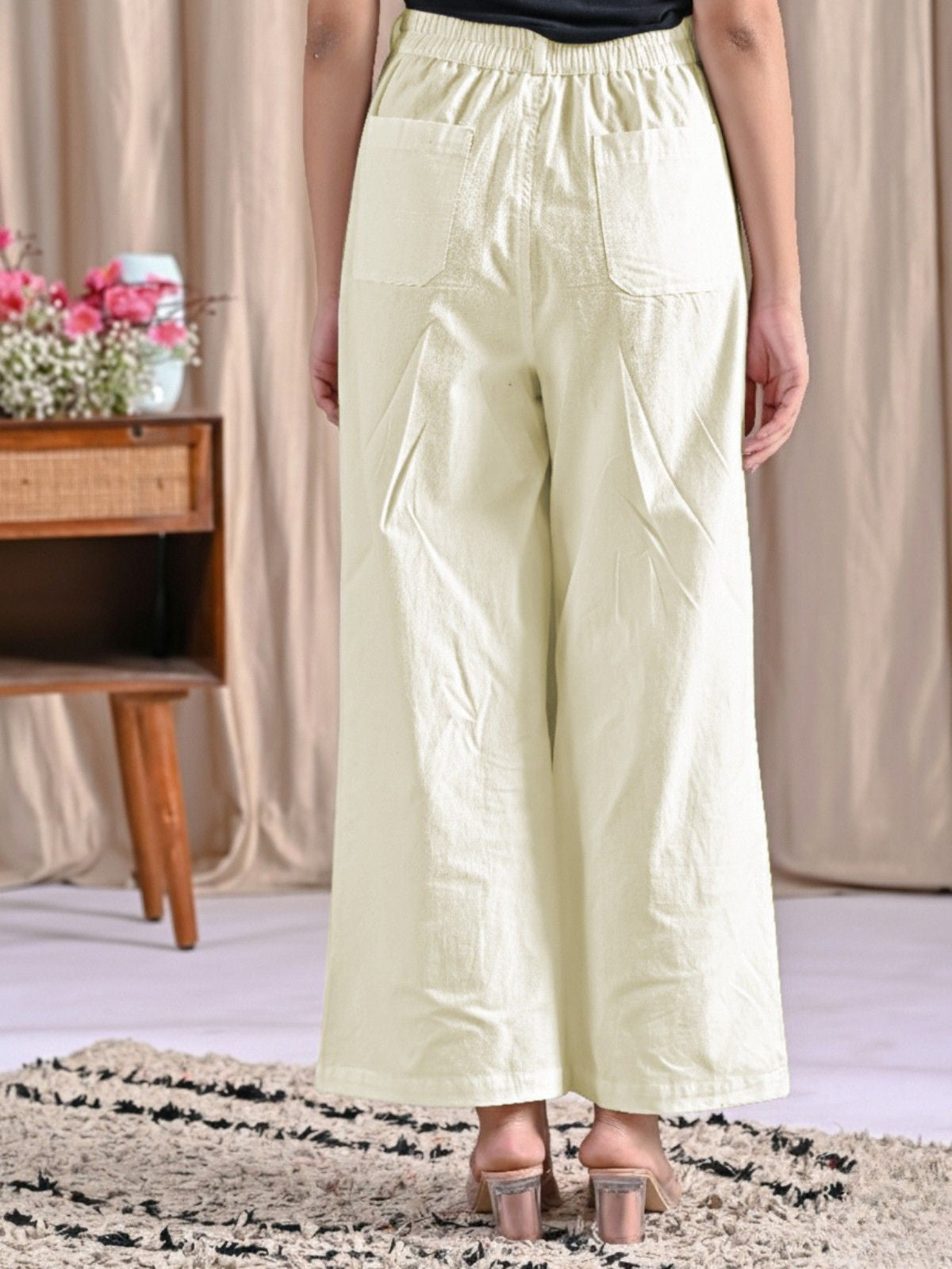 Cream Cotton Wide Leg Pants