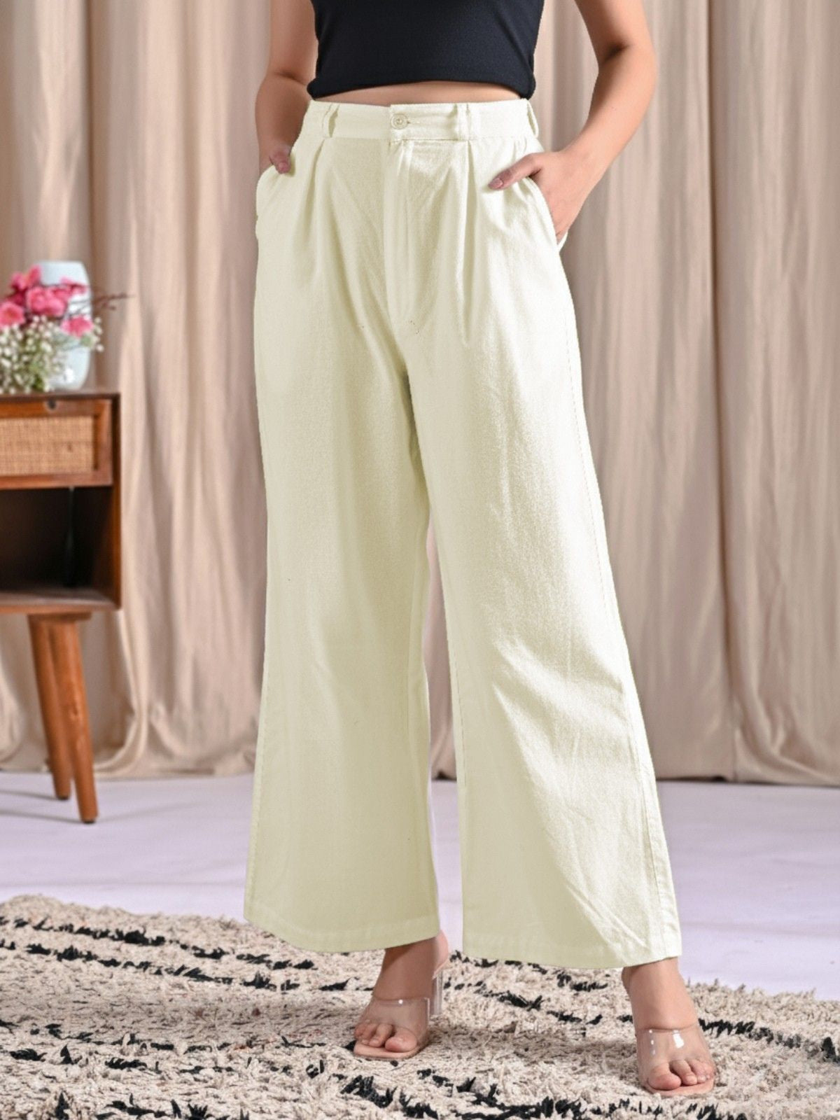 Cream Cotton Wide Leg Pants