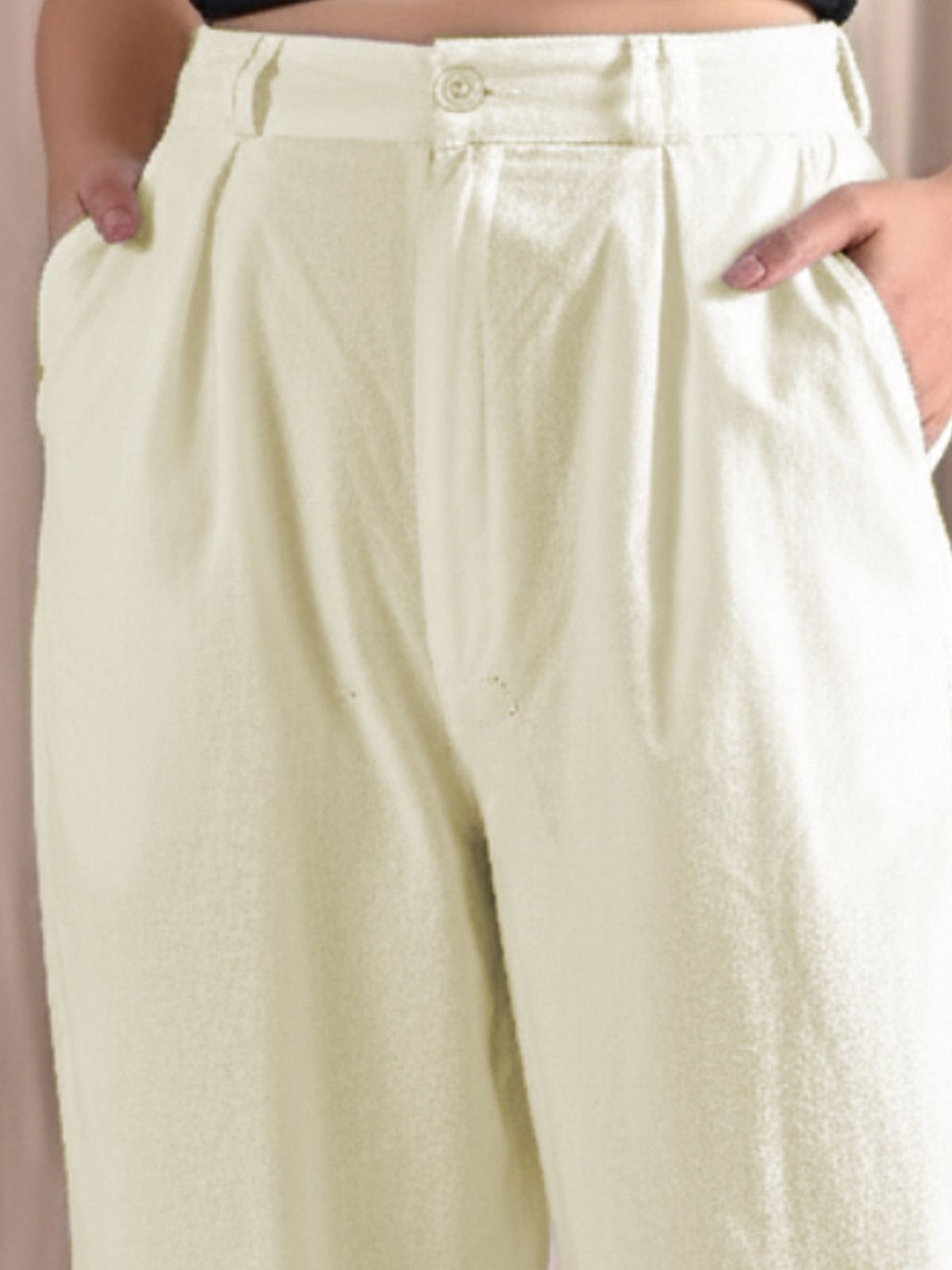 Cream Cotton Wide Leg Pants