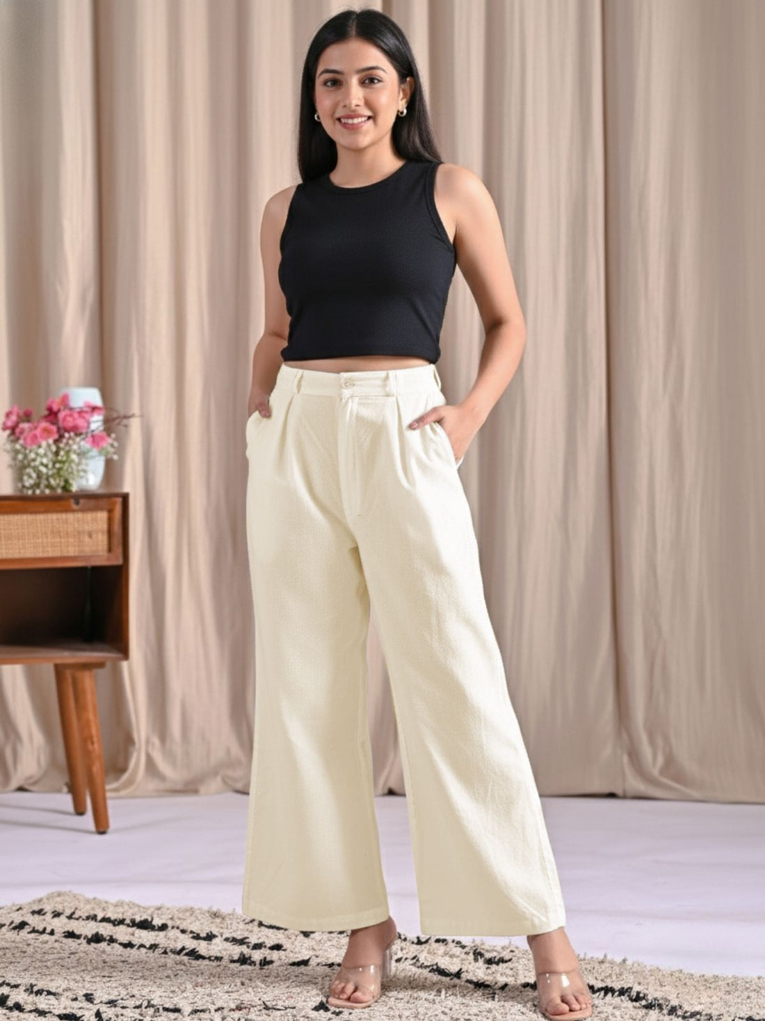 Cream & Wine-Cotton Wide Leg Pants Combo