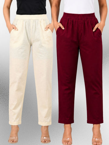 Cream & Wine Regular Fit Elastic Cotton Trouser Combo