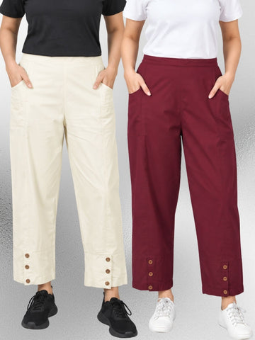 Cream & Wine Cotton Straight Cargo Pant Combo