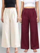 Cream & Wine-Cotton Wide Leg Pants Combo