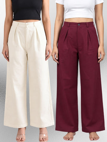 Cream & Wine-Cotton Wide Leg Pants Combo