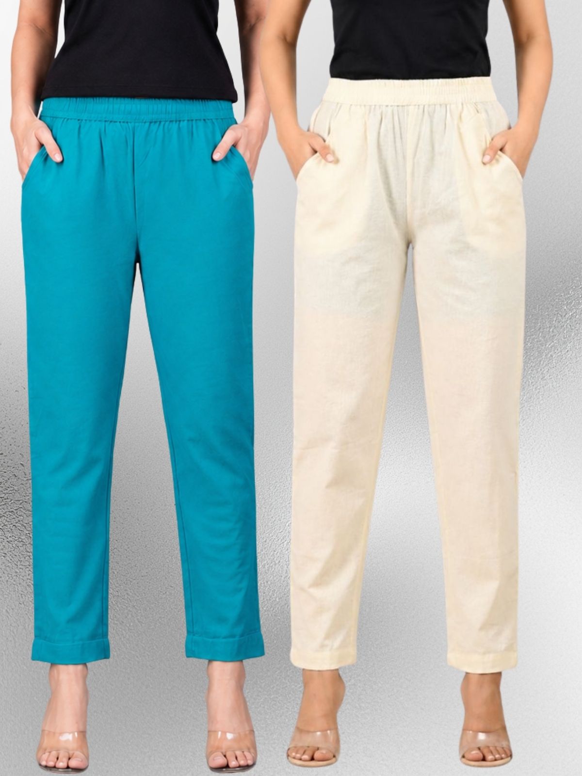 Cyan & Cream Regular Fit Elastic Cotton Trouser Combo