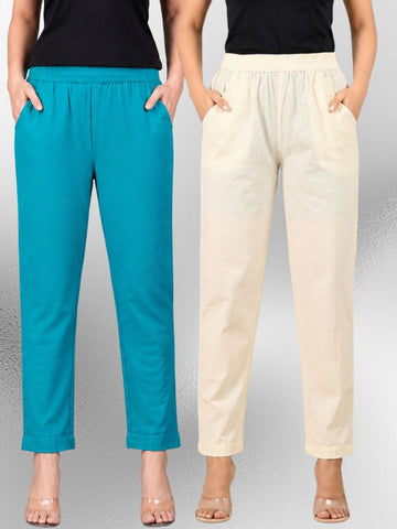 Cyan & Cream Regular Fit Elastic Cotton Trouser Combo