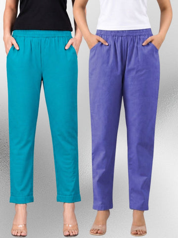 Cyan & Denimblue Regular Fit Elastic Cotton Trouser Combo