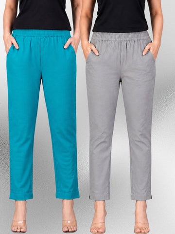 Cyan & Grey Regular Fit Elastic Cotton Trouser Combo