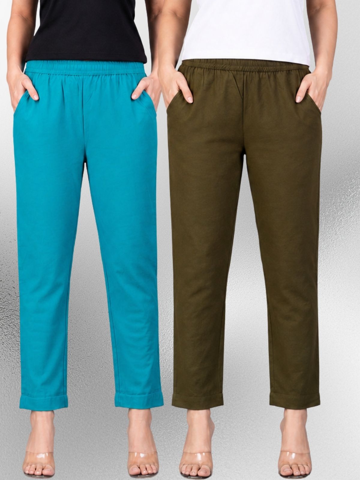 Cyan & Mehendi Regular Fit Elastic Cotton Trouser Combo