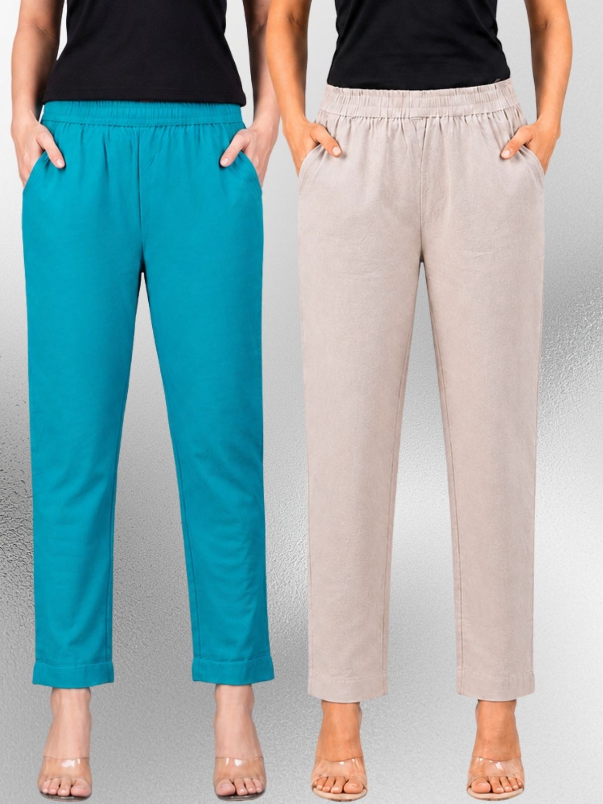 Cyan & Melange Regular Fit Elastic Cotton Trouser Combo