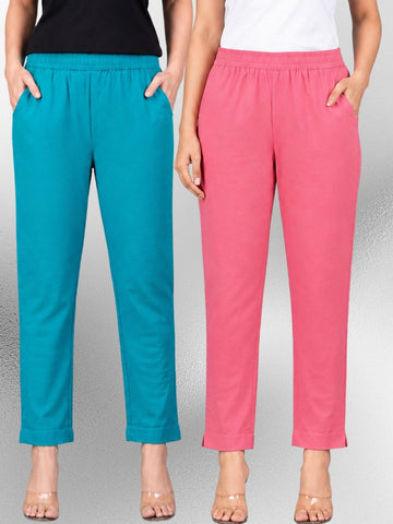 Cyan & Mauvepink Regular Fit Elastic Cotton Trouser Combo