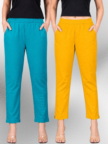Cyan & Mustard Regular Fit Elastic Cotton Trouser Combo