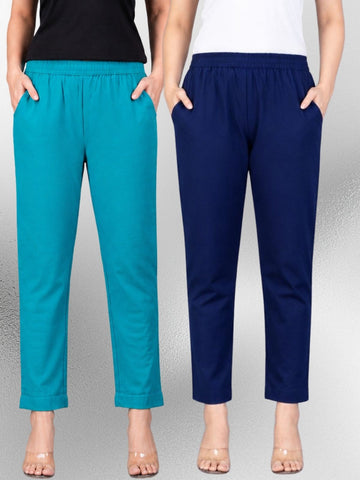 Cyan & Navyblue Regular Fit Elastic Cotton Trouser Combo