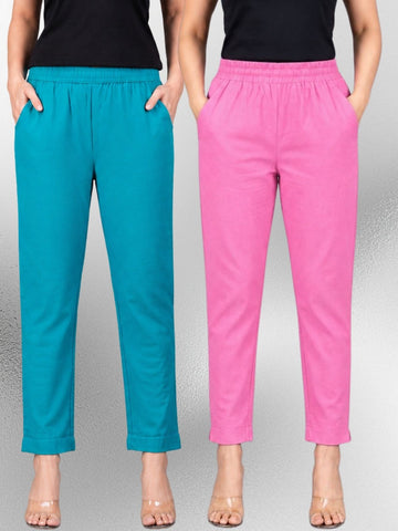 Denimblue & Pink Regular Fit Elastic Cotton Trouser Combo