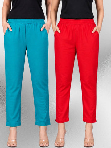 Cyan & Red Regular Fit Elastic Cotton Trouser Combo